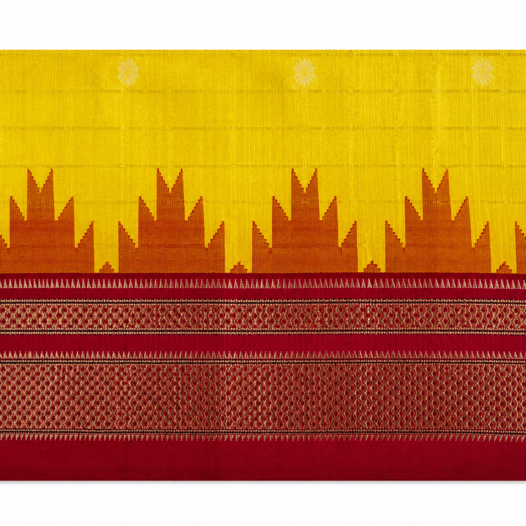 Lemon Yellow Gadwal Jari Butta Ilkal Silk Saree with Chikki Paras Border