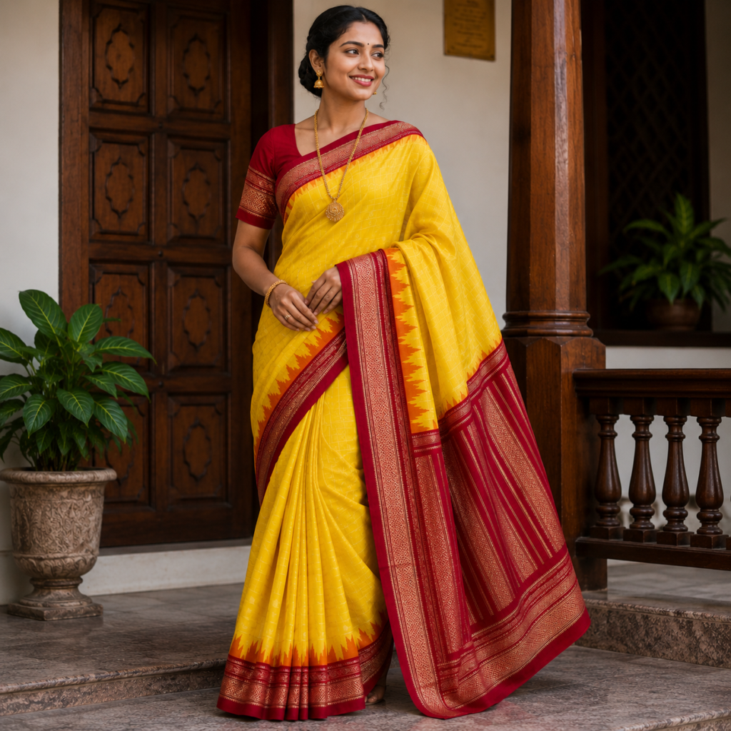 Lemon Yellow Gadwal Jari Butta Ilkal Silk Saree with Chikki Paras Border