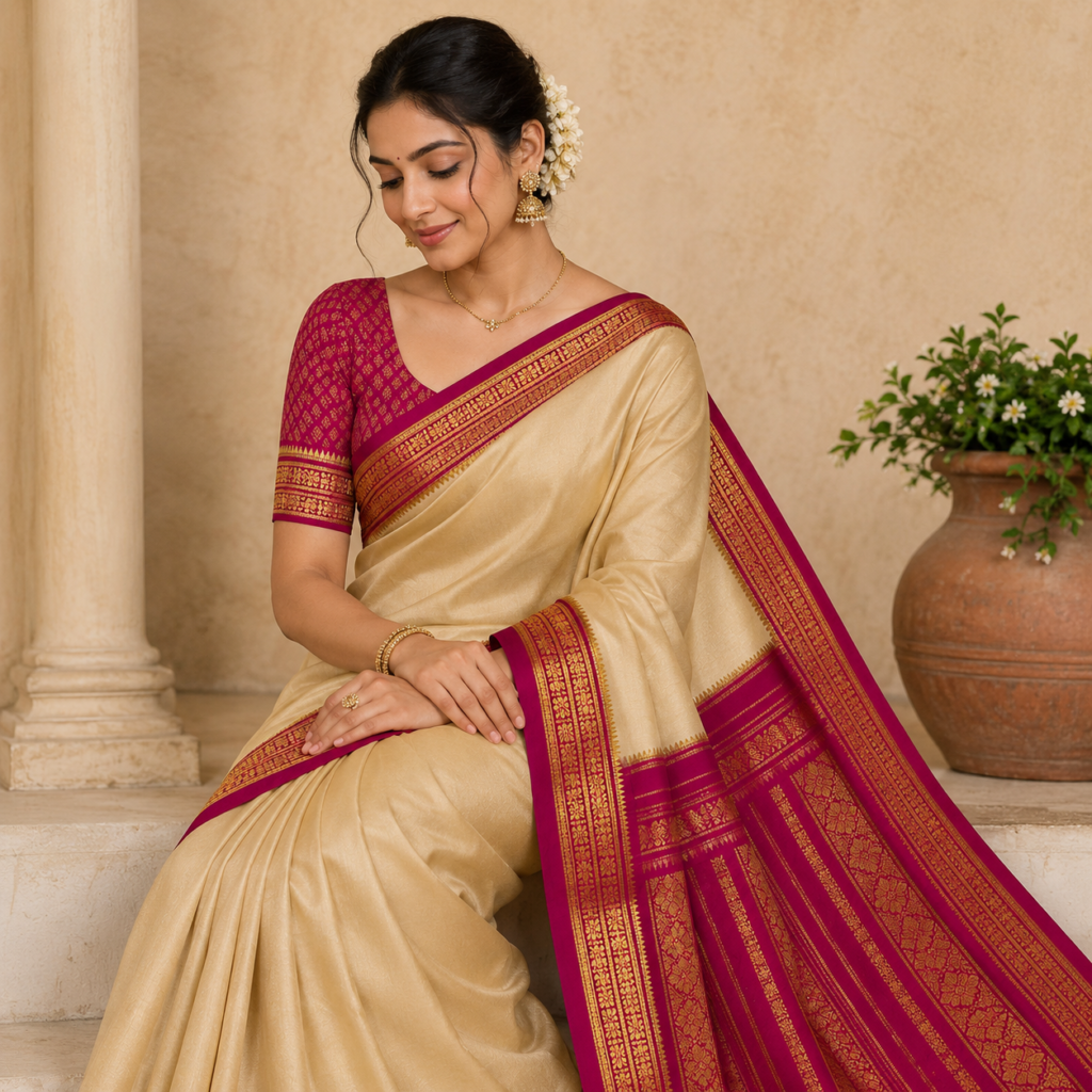 Premium Pure Mysore Silk Saree with Elegant Traditional Golden Zari Border