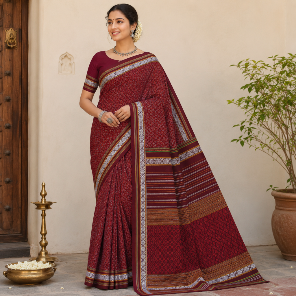 Authentic Handloom Guledagudda Khana Cotton Silk Saree with Traditional Geometric Motifs