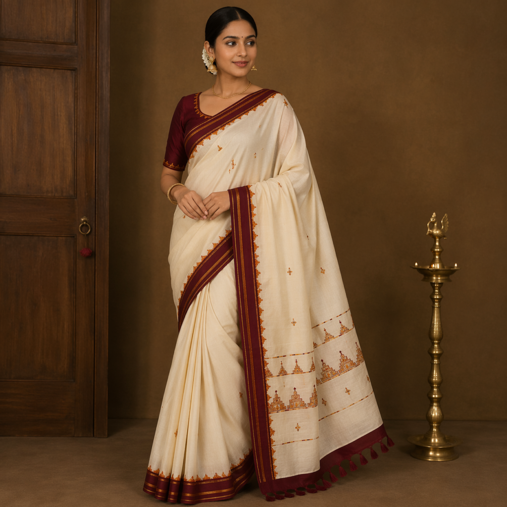 Authentic Balaramapuram Handloom Kerala Kasavu Saree | Pure Cotton