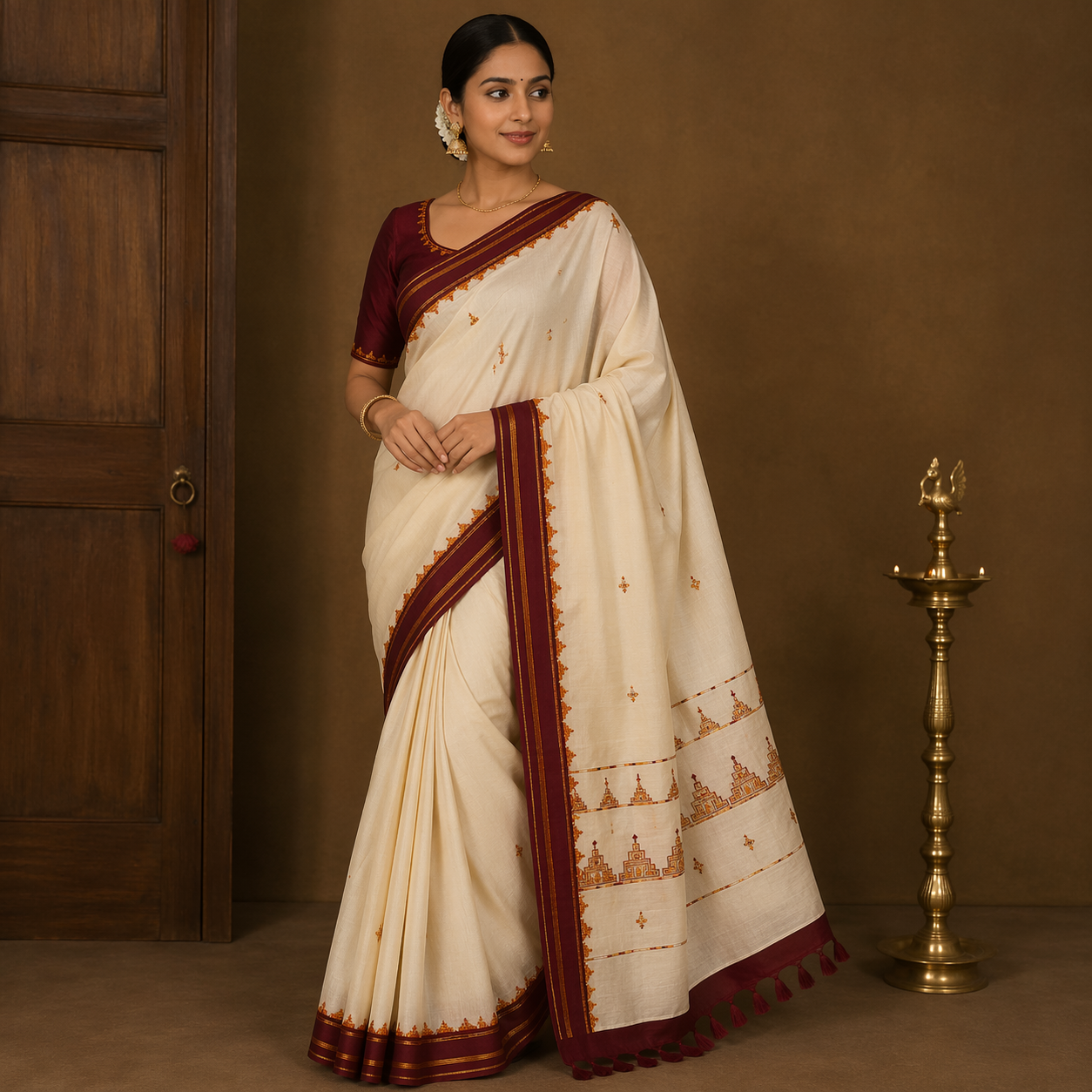 Authentic Balaramapuram Handloom Kerala Kasavu Saree | Pure Cotton - Image 1