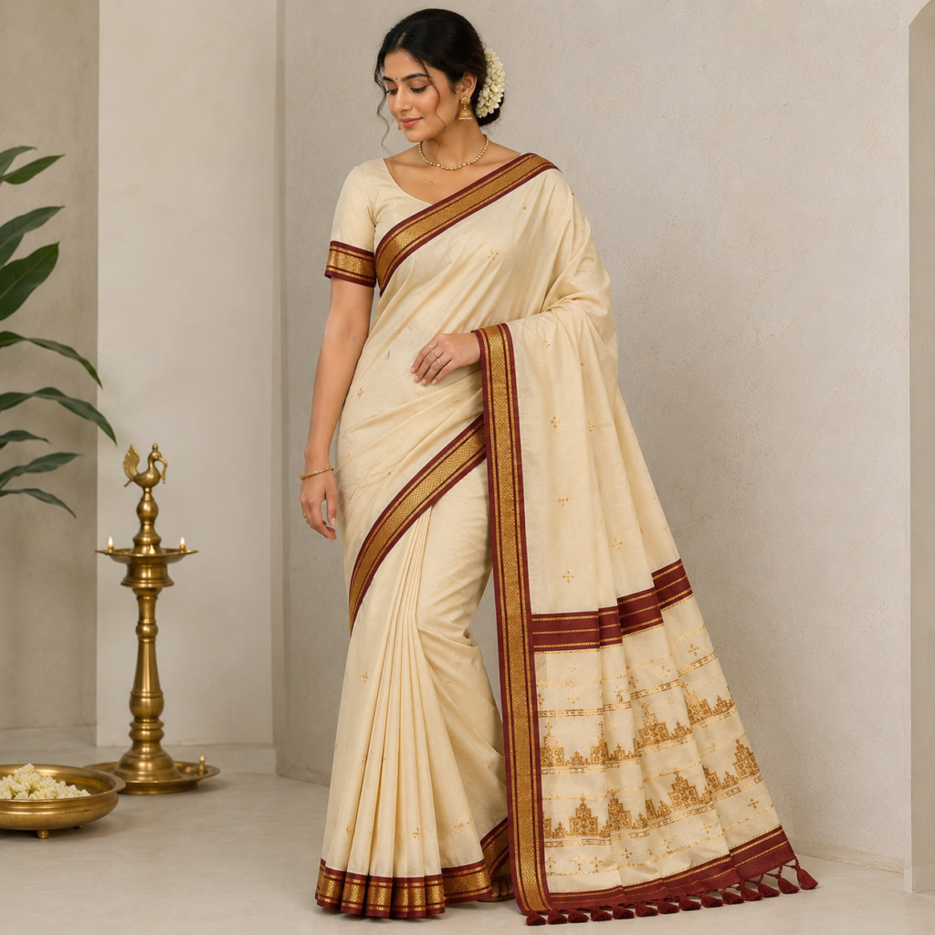 Authentic Chendamangalam Handloom Saree | Pure Cotton Kerala Kasavu