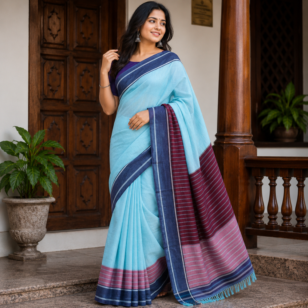 Punarjeevana Pastel Green Handwoven Patteda Anchu Cotton Saree – Reversible Traditional Handloom Saree